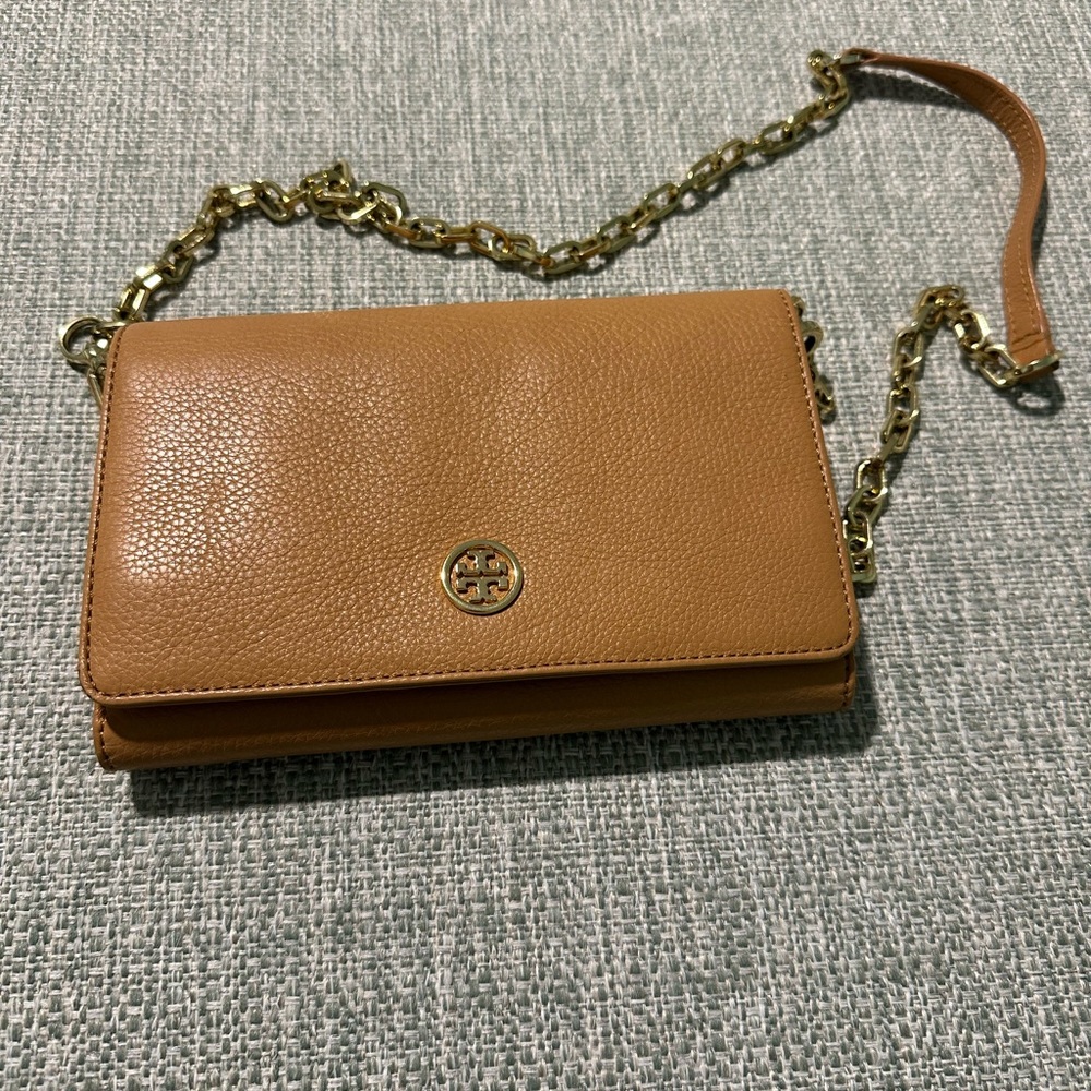 Tory Burch Brown Leather Clutch with Gold Chain